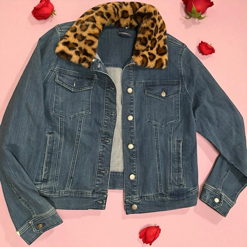 Isaac Mizrahi Blue Denim Jacket with Leopard Faux-Fur Collar